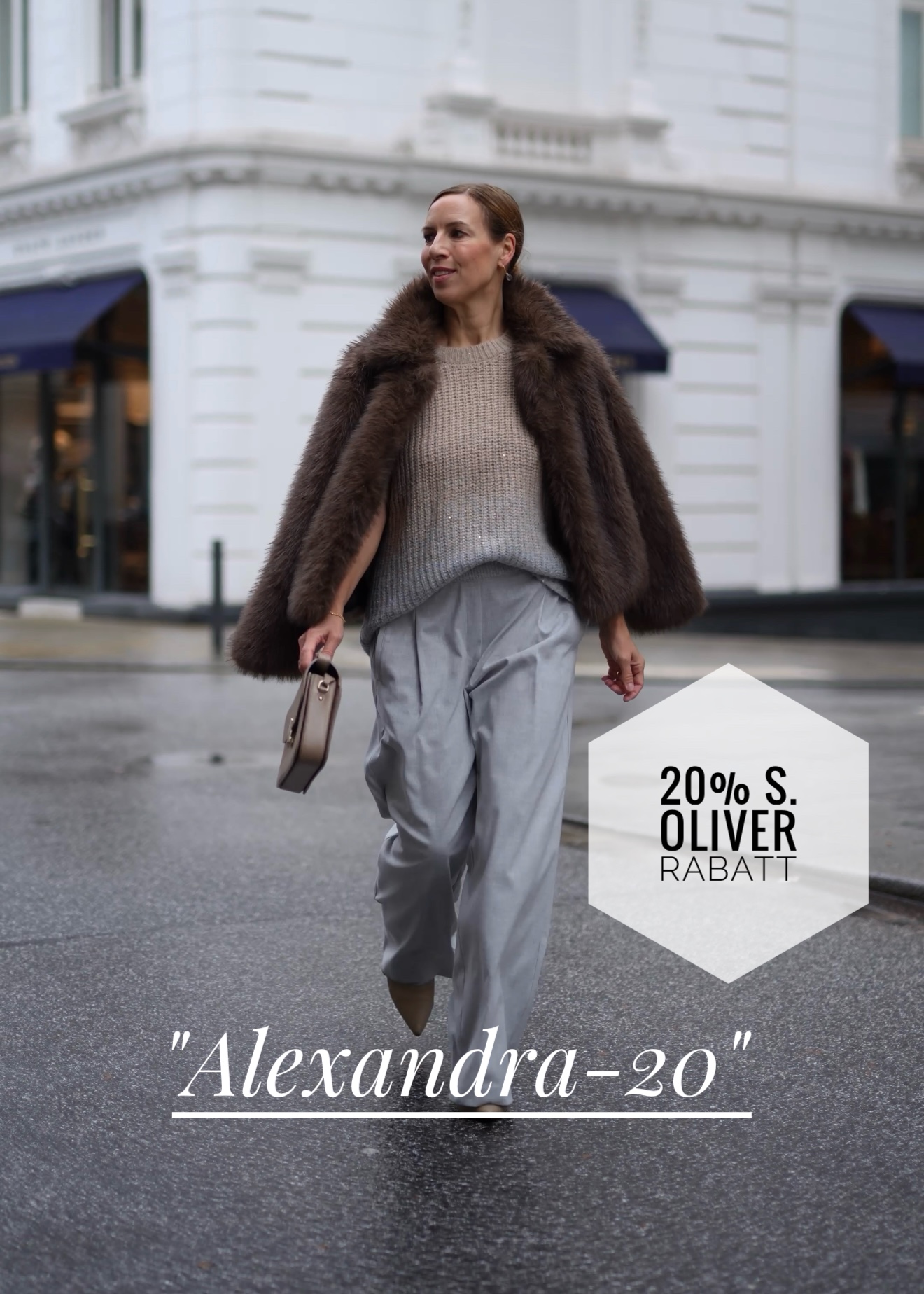 Kunstfelljacke und graue Hose mit dem S. Oliver Rabattcode